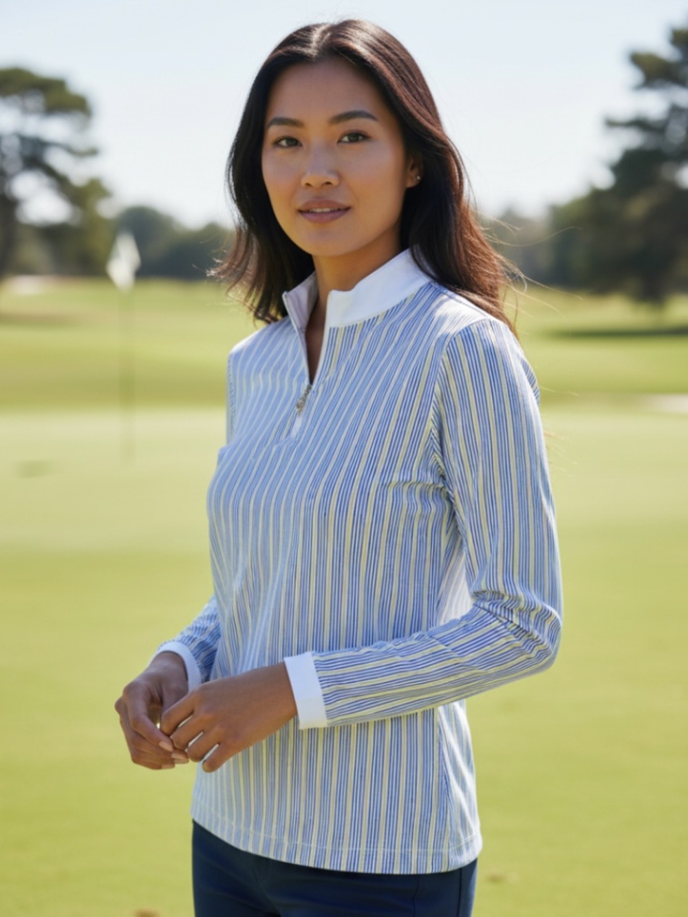 SwingDish Pullover Jacket Shirt Medium Golf Tennis Blue Stripe 1/4 Zip Athletic